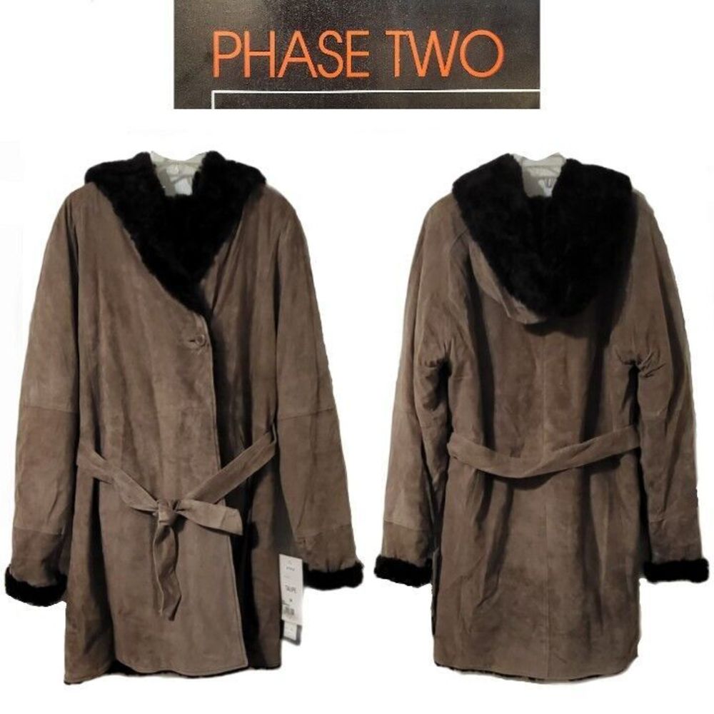 NWT Phase Two Med Taupe Suede Leather Shearling Lined Belted Hooded Peacoat